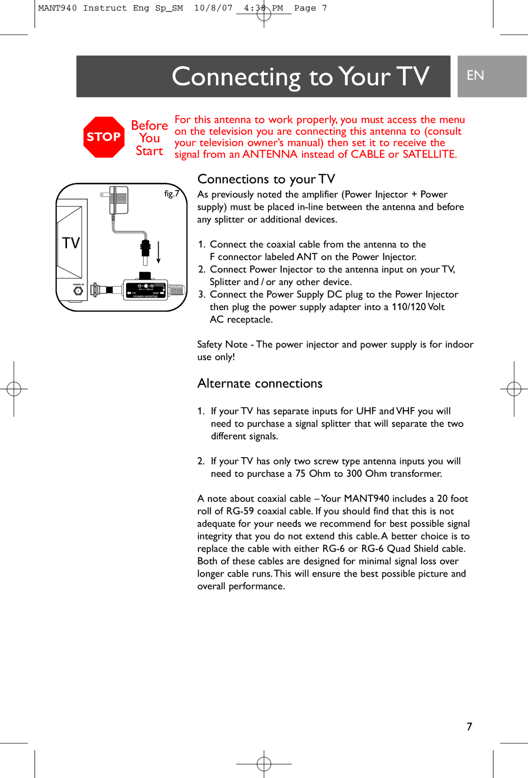 Philips MANT940 user manual Connecting to Your TV, Connections to your TV, Alternate connections 