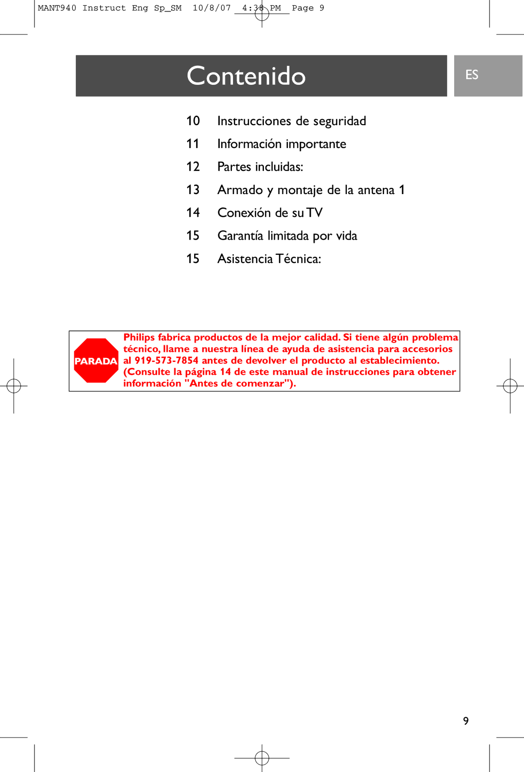 Philips MANT940 user manual ContenidoES 