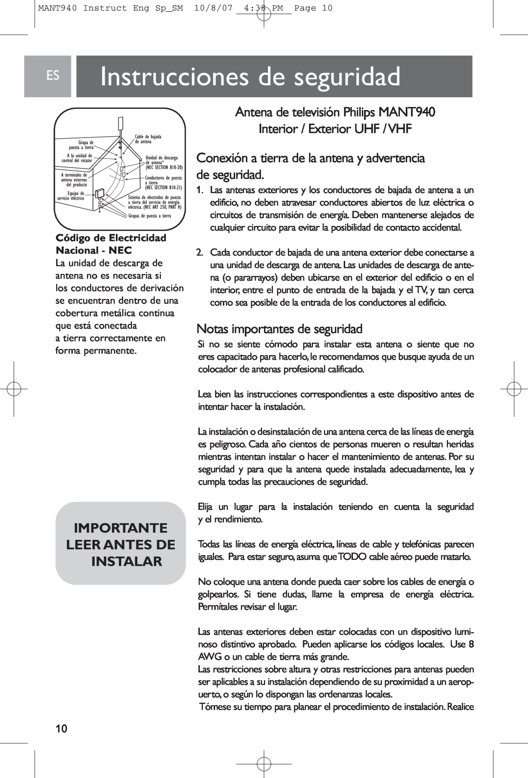 Philips MANT940 user manual Instrucciones de seguridad, Importante, Notas importantes de seguridad, Leer Antes De Instalar 