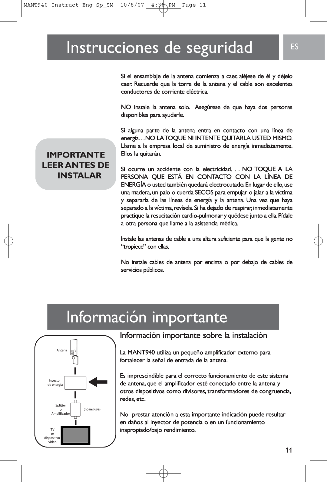 Philips MANT940 user manual Información importante sobre la instalación, Instrucciones de seguridad, Importante 