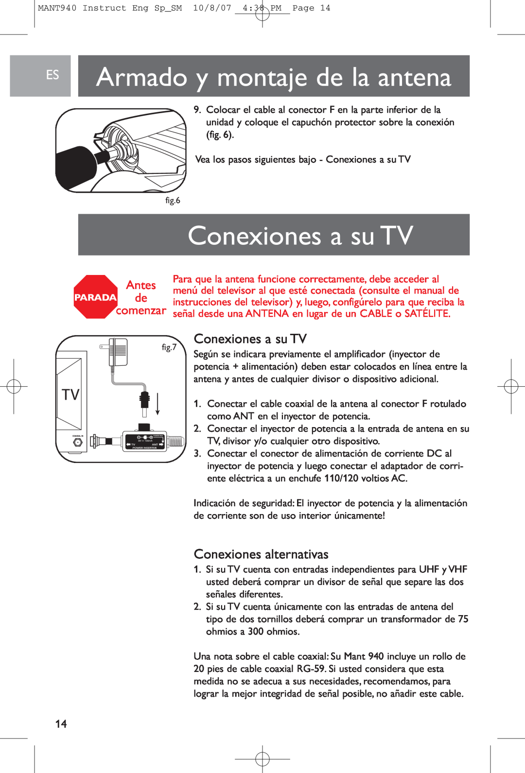 Philips MANT940 user manual Conexiones a su TV, Conexiones alternativas, Armado y montaje de la antena, Antes, comenzar 