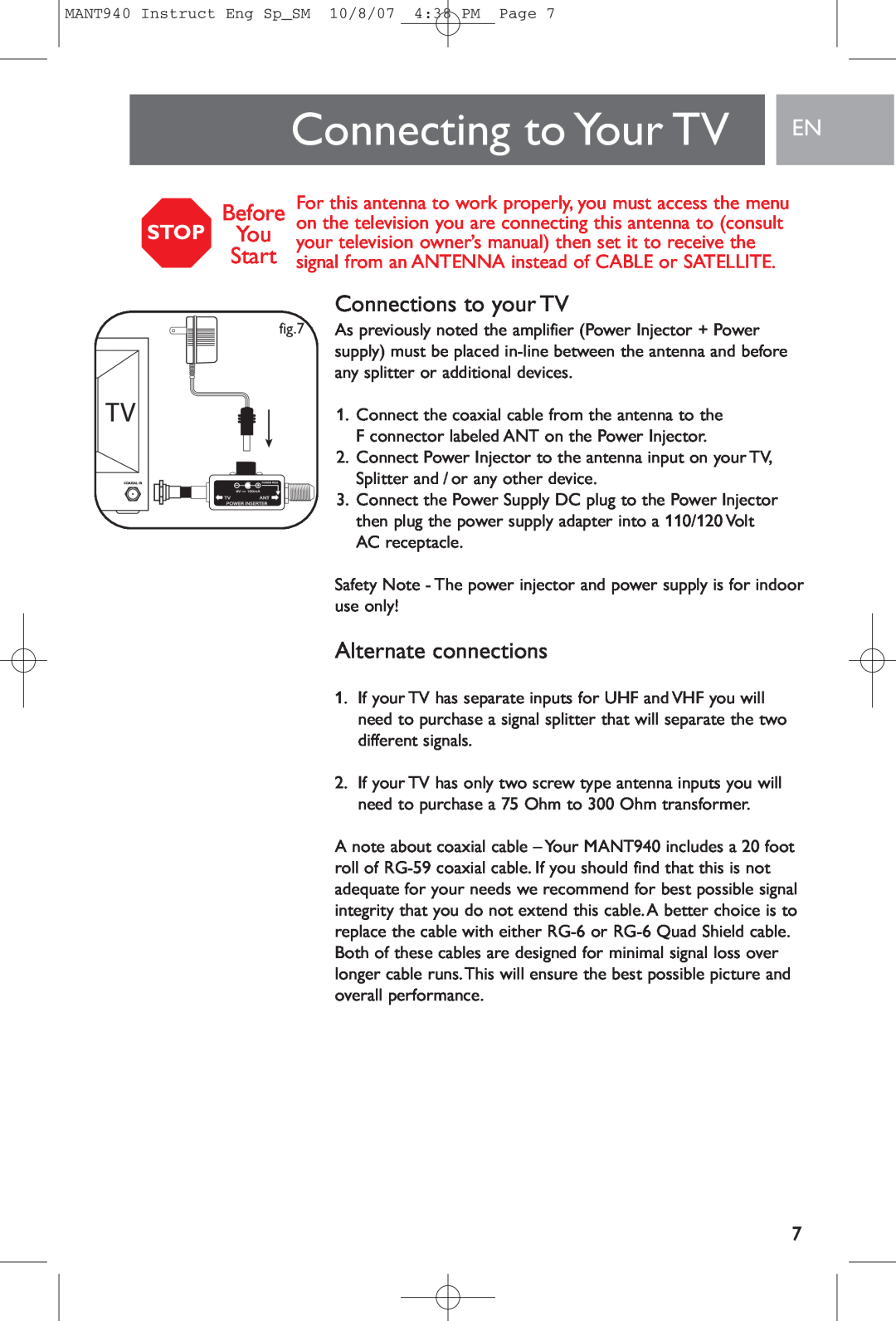 Philips MANT940 user manual Connecting to Your TV, Connections to your TV, Alternate connections, Before, Start, STOP You 