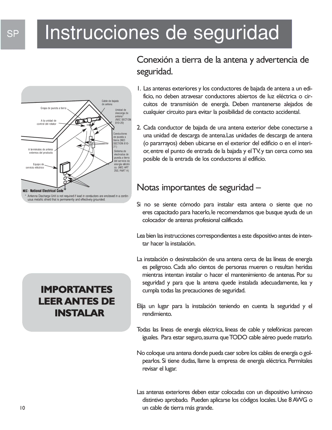 Philips MANT950 user manual SP Instrucciones de seguridad, Conexión a tierra de la antena y advertencia de seguridad 