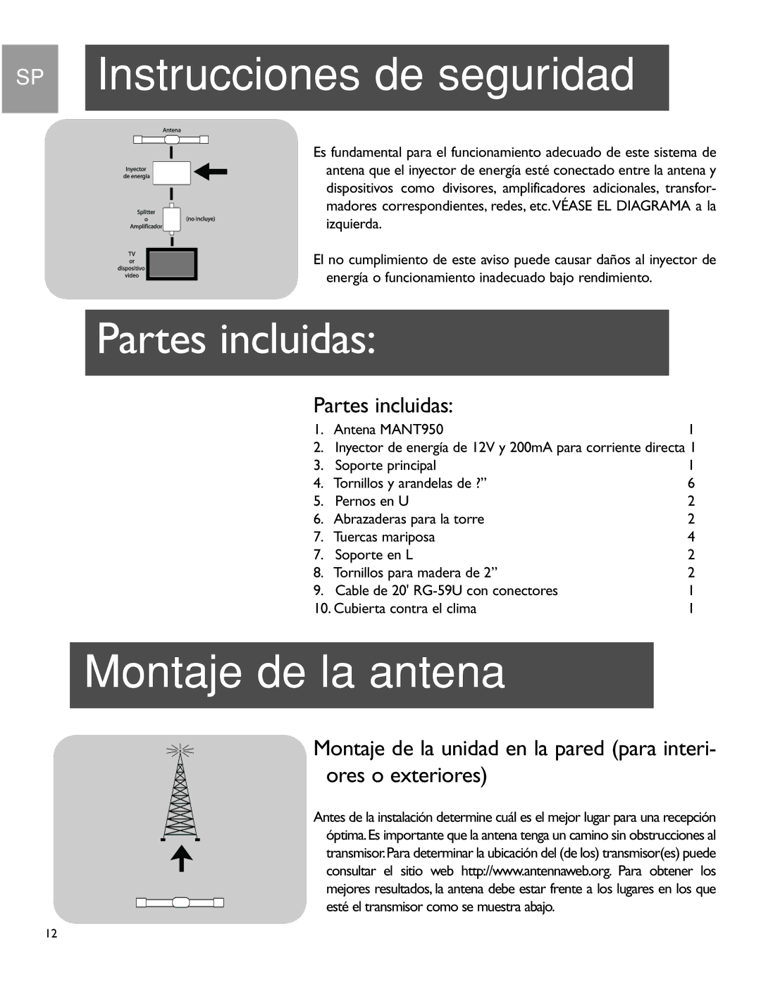 Philips MANT950 user manual Montaje de la antena, Partes incluidas 