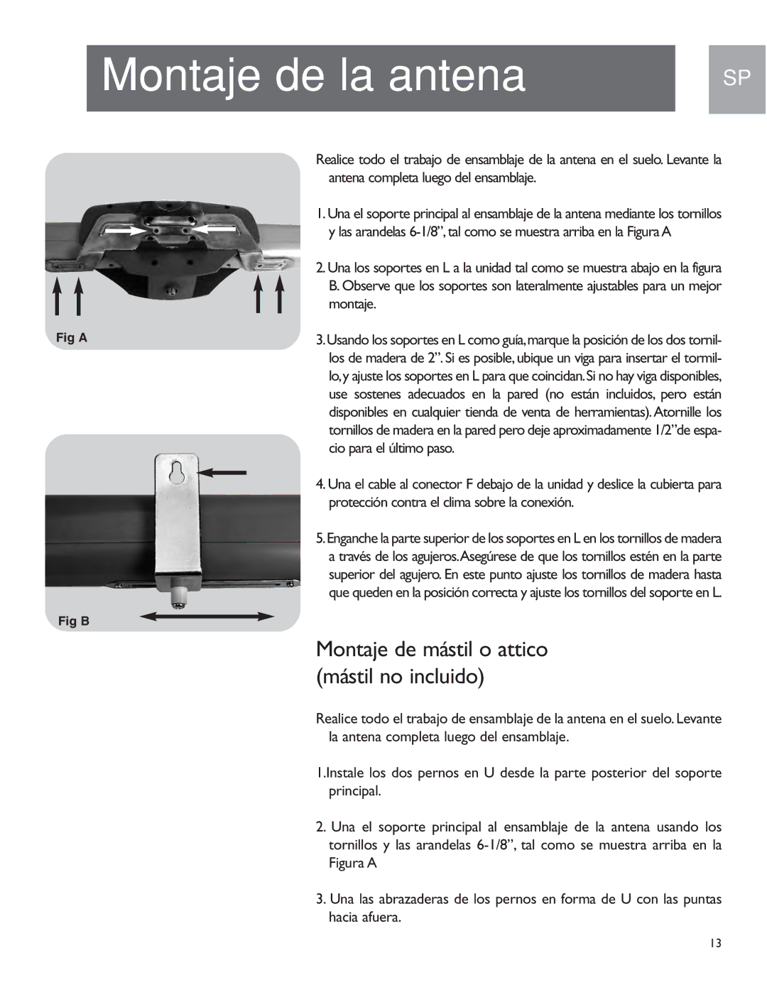 Philips MANT950 user manual Montaje de mástil o attico mástil no incluido 