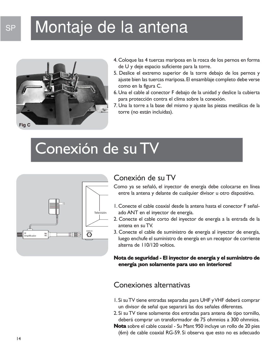 Philips MANT950 user manual SP Montaje de la antena, Conexiones alternativas 