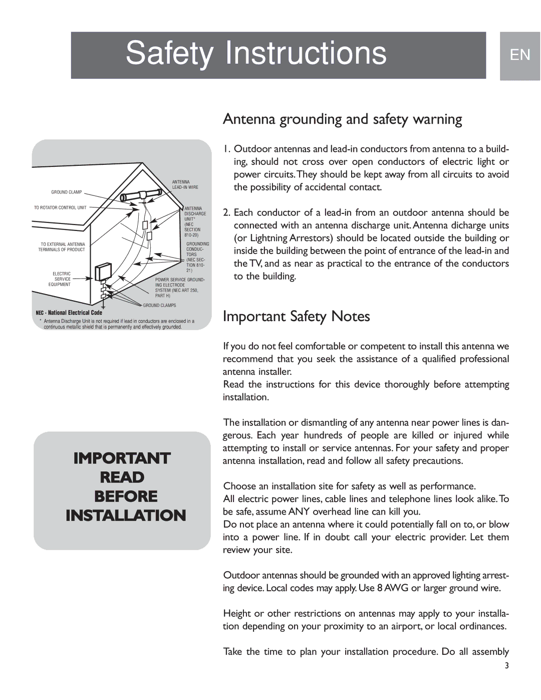 Philips MANT950 user manual Safety Instructions, Antenna grounding and safety warning, Important Safety Notes 