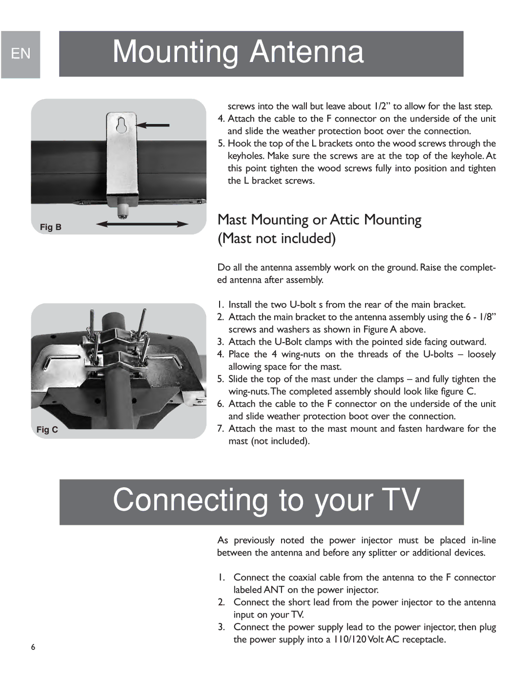 Philips MANT950 user manual Connecting to your TV, Mast Mounting or Attic Mounting Mast not included 