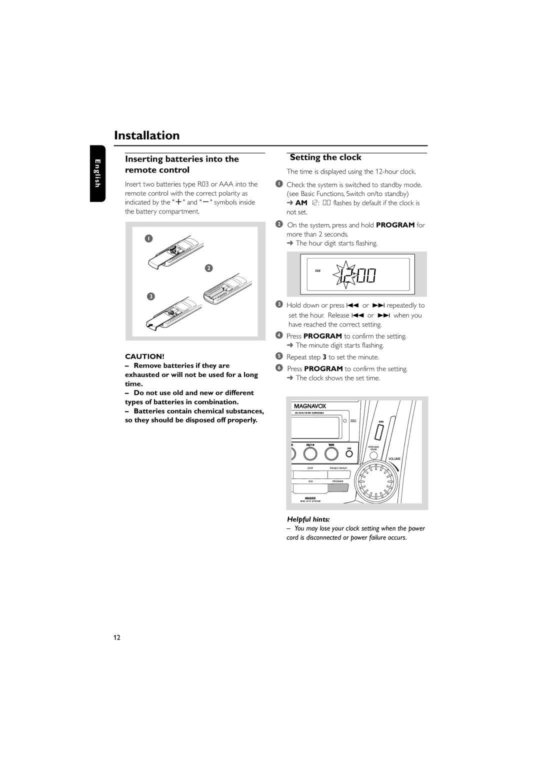 Philips MAS55 Inserting batteries into the remote control, Setting the clock, Time is displayed using the 12-hour clock 