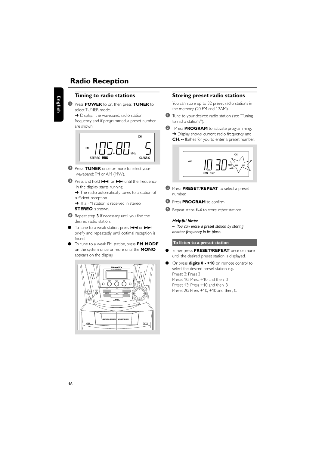 Philips MAS55 manual Radio Reception, Tuning to radio stations, Glish, To listen to a preset station 