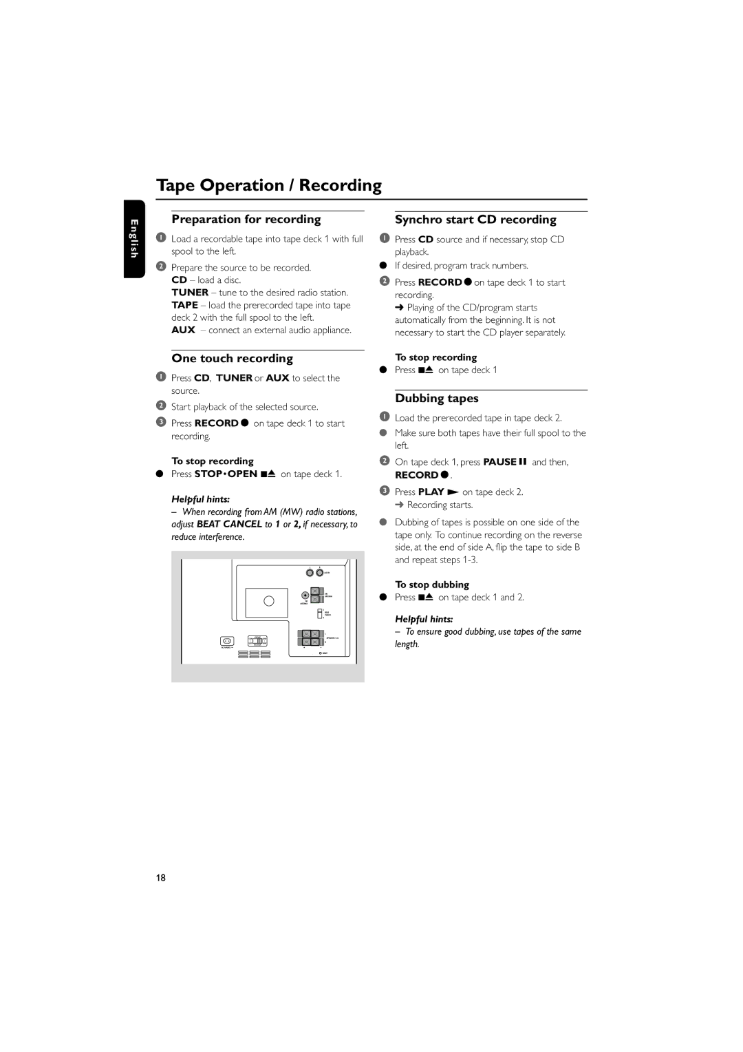 Philips MAS55 manual Preparation for recording, One touch recording, Synchro start CD recording, Dubbing tapes 