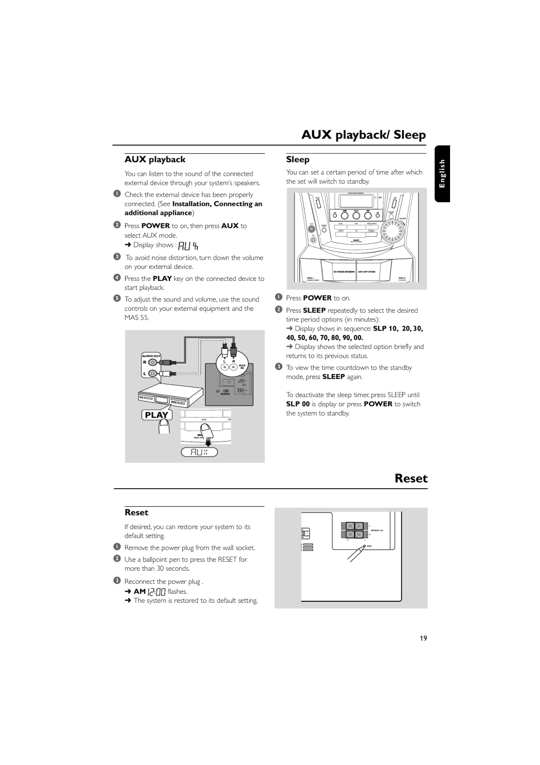 Philips MAS55 manual AUX playback/ Sleep, Reset 