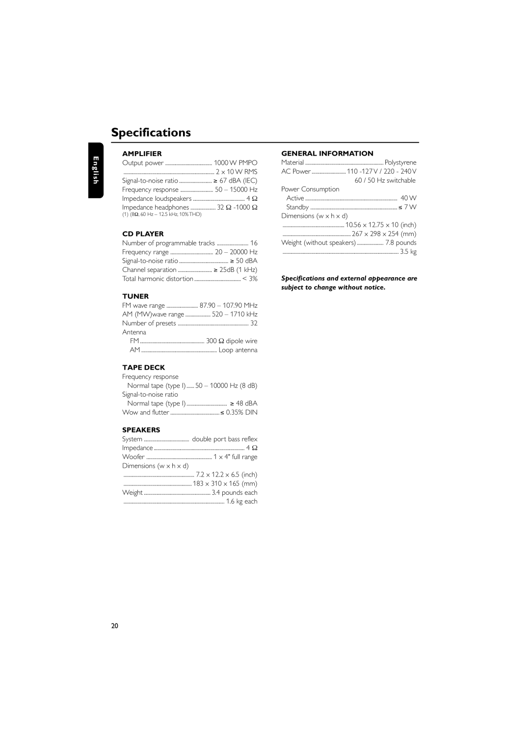 Philips MAS55 manual Specifications 