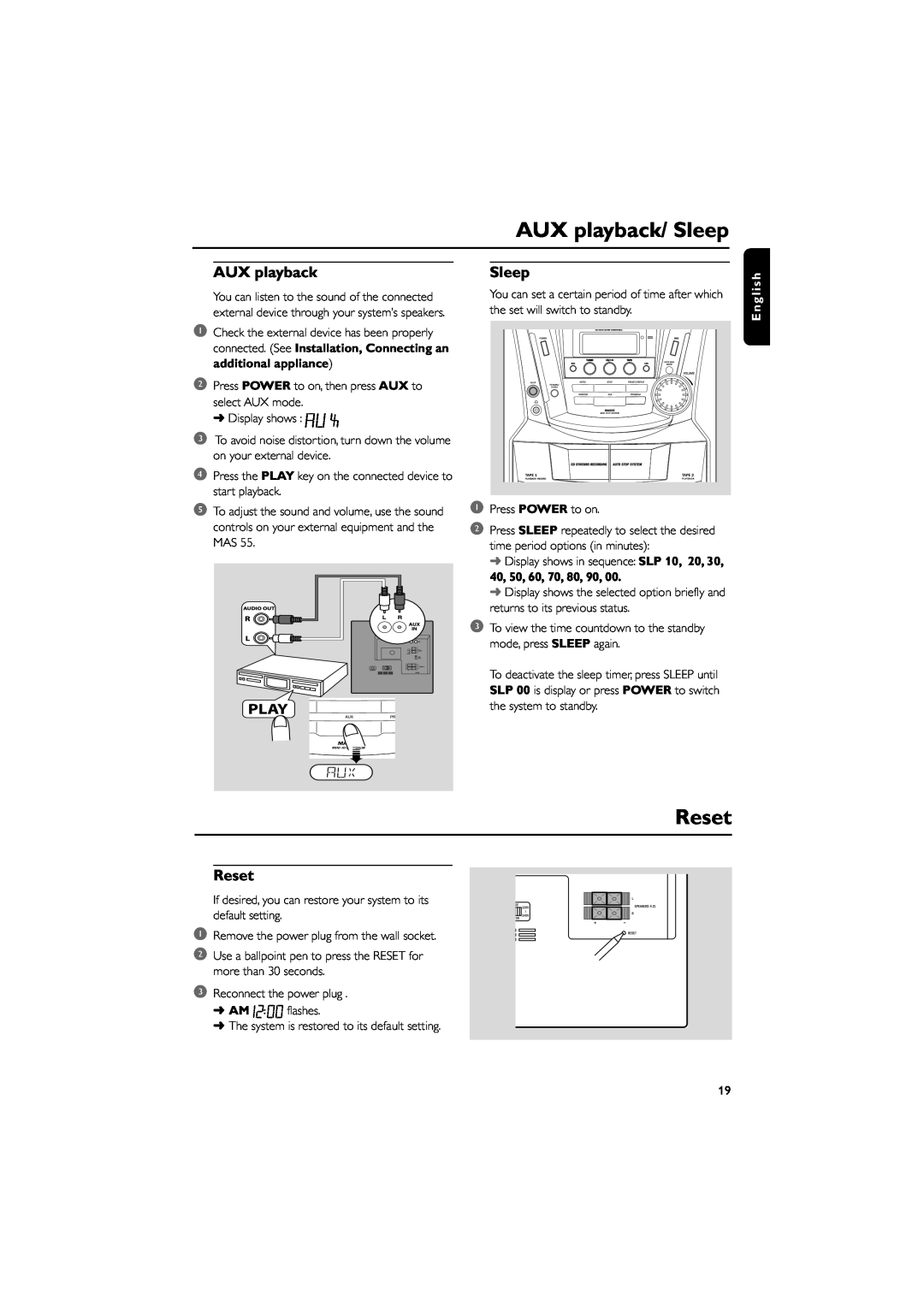Philips MAS55 manual AUX playback/ Sleep, Reset, English 