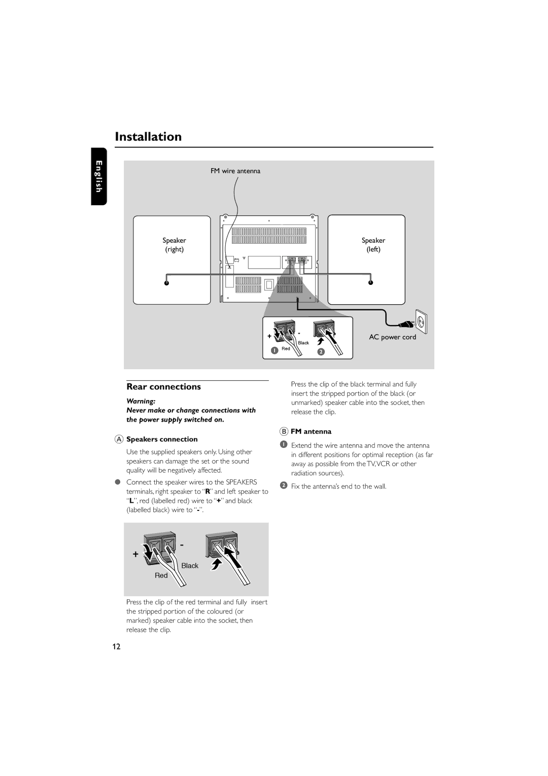 Philips MAS85 owner manual Installation, Rear connections, Speakers connection, FM antenna 