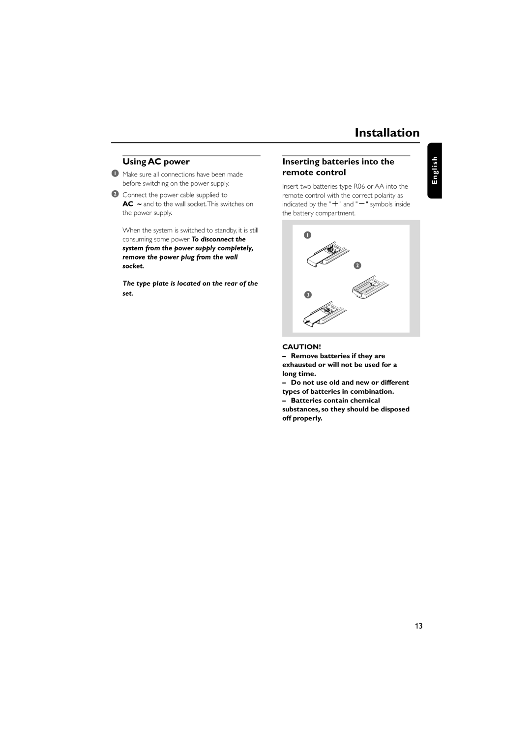 Philips MAS85 owner manual Using AC power, Inserting batteries into the remote control 