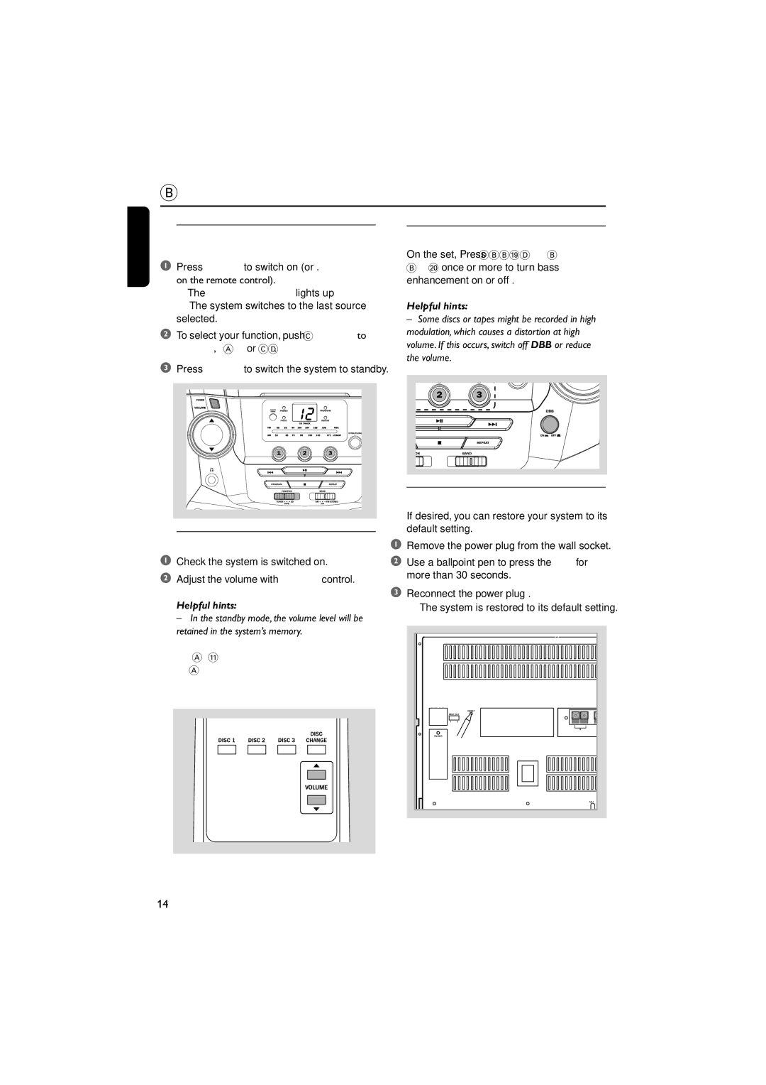 Philips MAS85 Basic Functions, Switching on/to standby Sound control Selecting functions, Volume control, Reset 