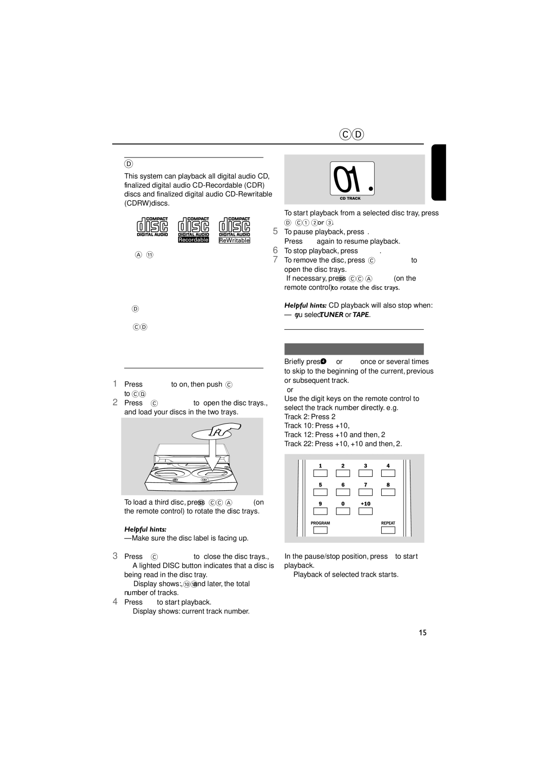 Philips MAS85 owner manual CD Operation, Discs for playback, Playing discs, Selecting and searching 