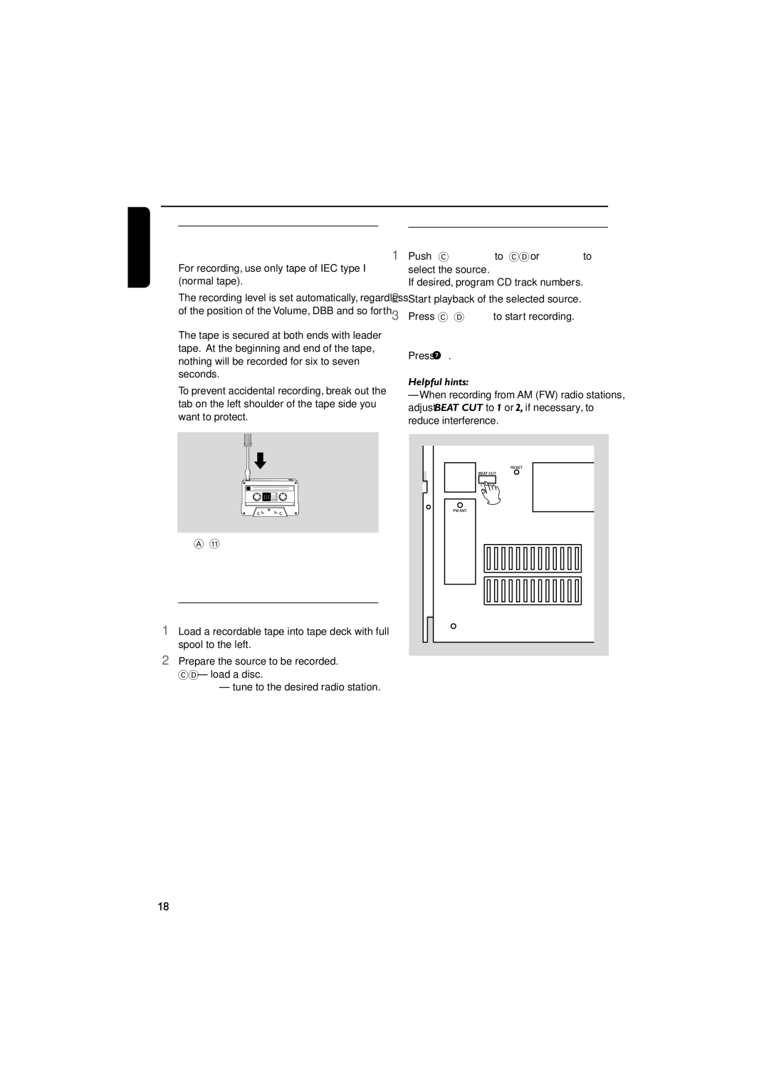 Philips MAS85 owner manual Tape Recording, General information on recording, Preparation for recording, One touch recording 