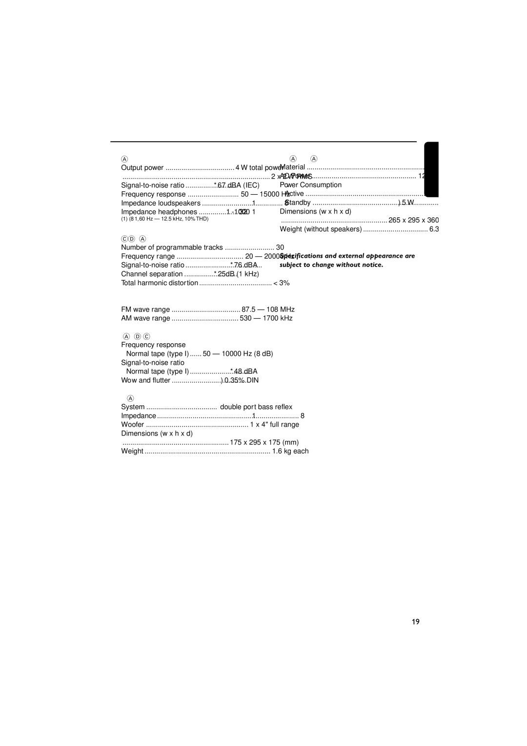 Philips MAS85 owner manual Specifications 