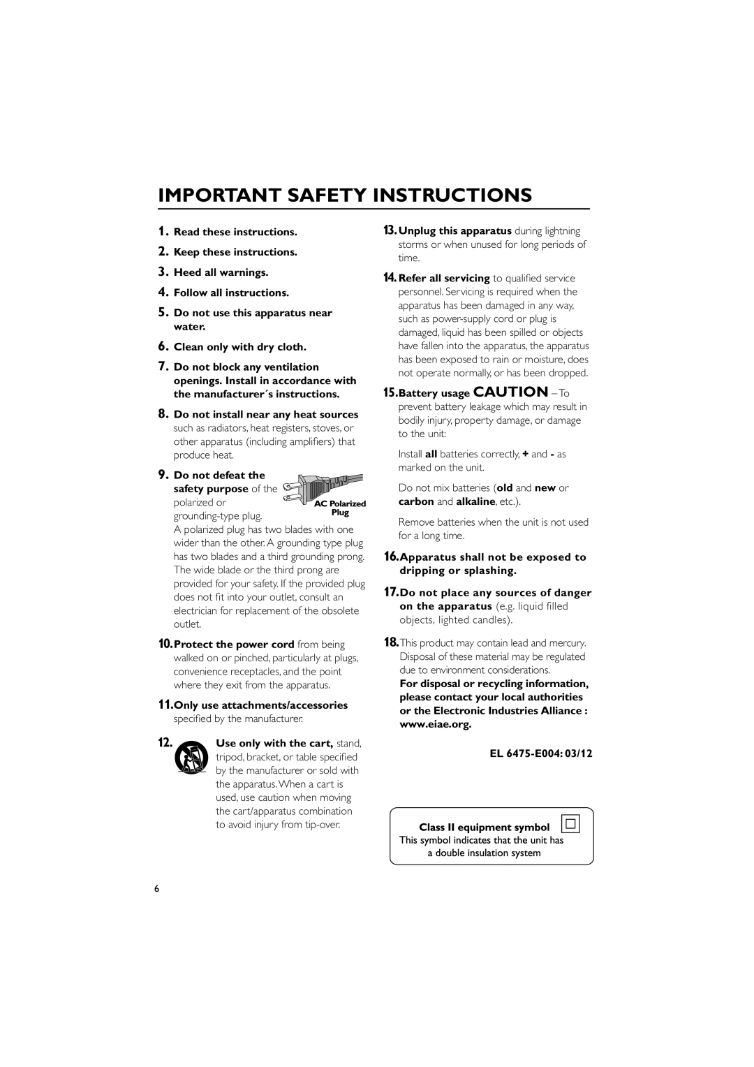 Philips MAS85 owner manual Important Safety Instructions 