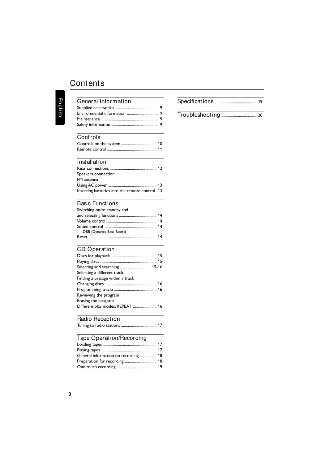 Philips MAS85 owner manual Contents 