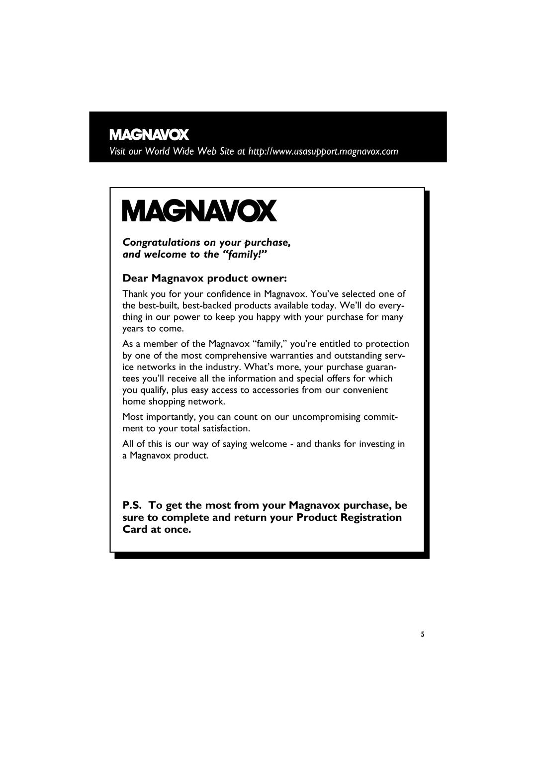 Philips MAS85 owner manual Dear Magnavox product owner 