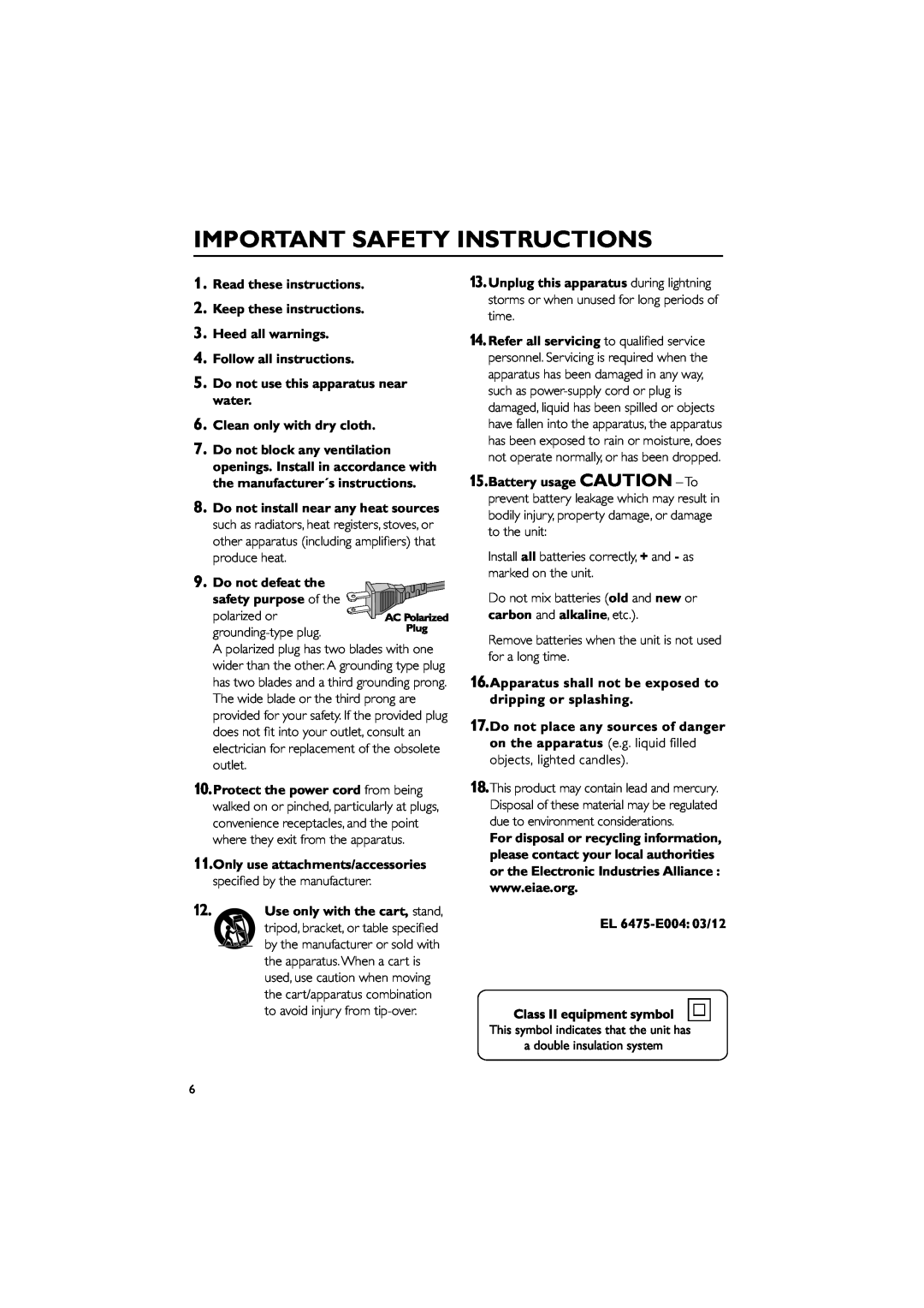 Philips MAS85 owner manual Important Safety Instructions 