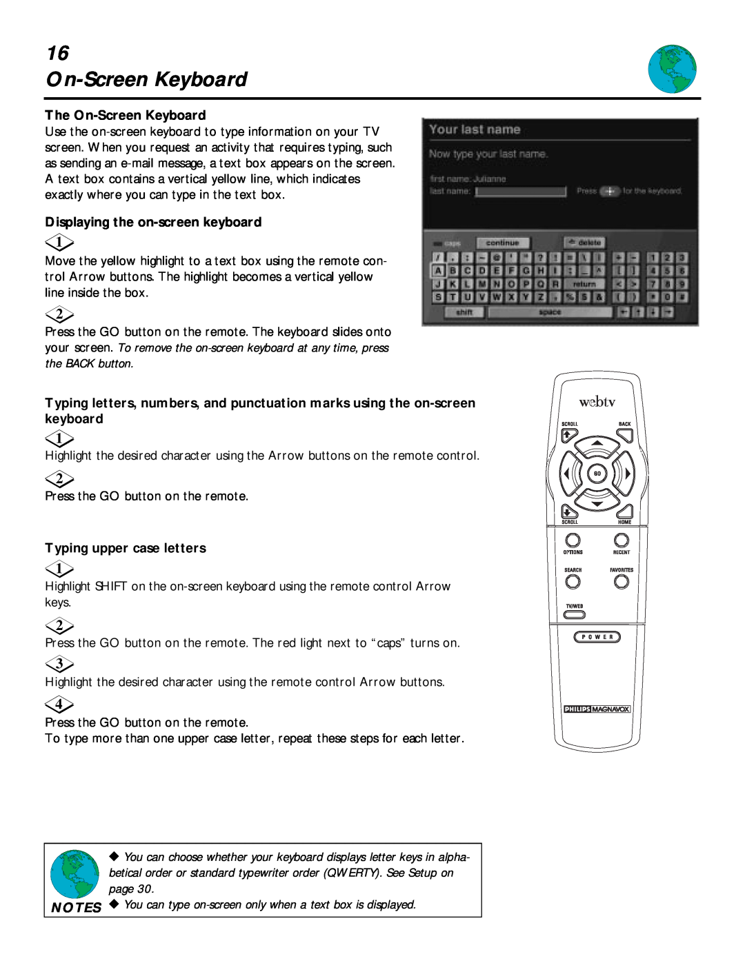 Philips MAT960 manual The On-Screen Keyboard, Displaying the on-screen keyboard, Typing upper case letters 