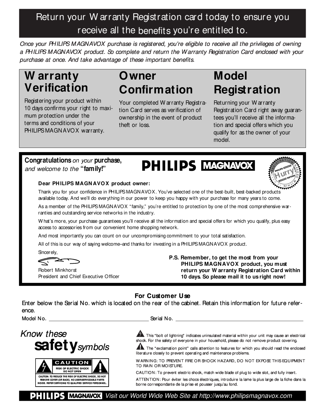 Philips MAT960 For Customer Use, Warranty Verification, Owner Confirmation, Model Registration, Know these safetysymbols 