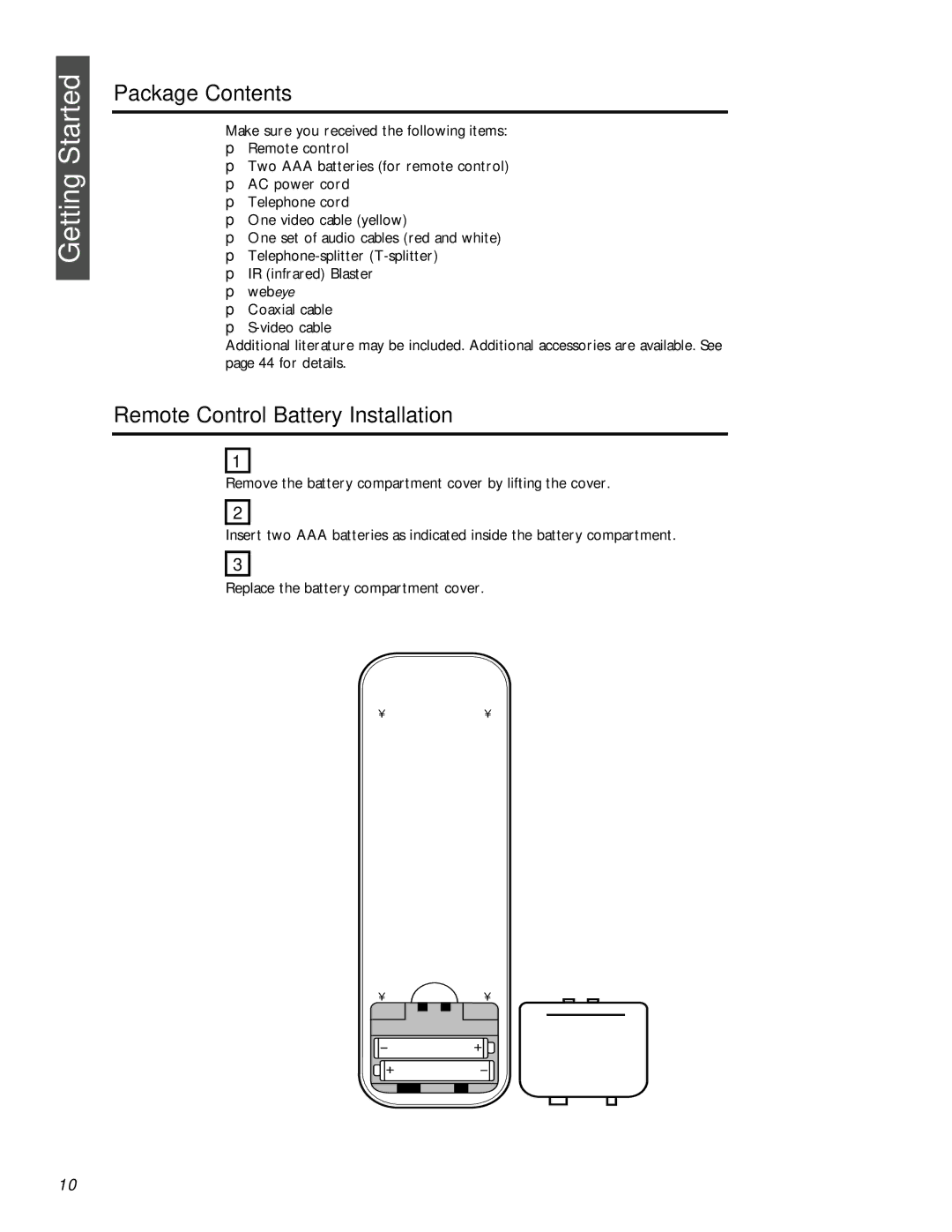 Philips MAT972KB QUG owner manual Package Contents, Remote Control Battery Installation 