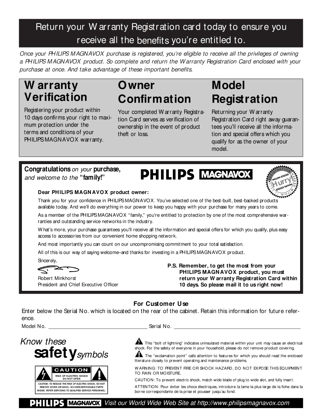 Philips MAT972KB QUG owner manual Warranty Verification, Dear Philips Magnavox product owner 