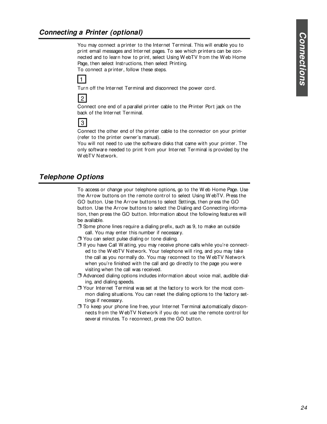 Philips MAT972KB QUG owner manual Connecting a Printer optional, Telephone Options 