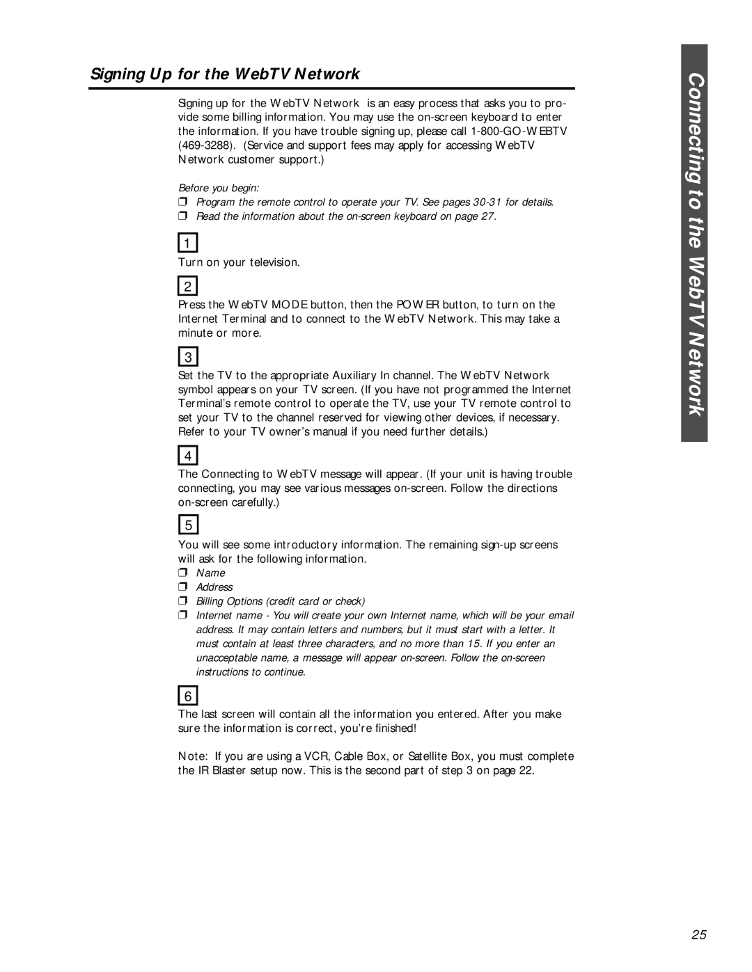 Philips MAT972KB QUG owner manual Connecting to the WebTV Network, Signing Up for the WebTV Network 