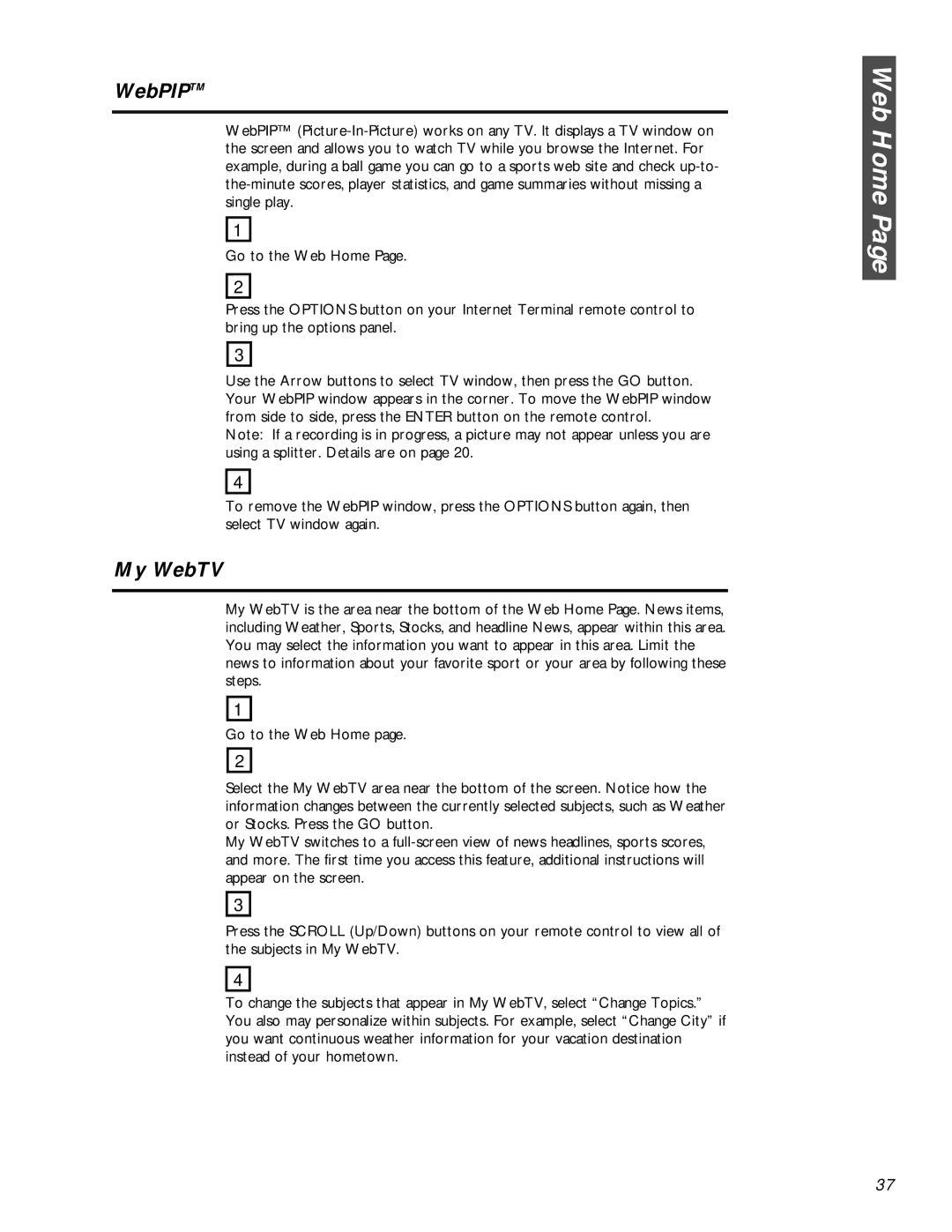 Philips MAT972KB QUG owner manual WebPIPTM, My WebTV 