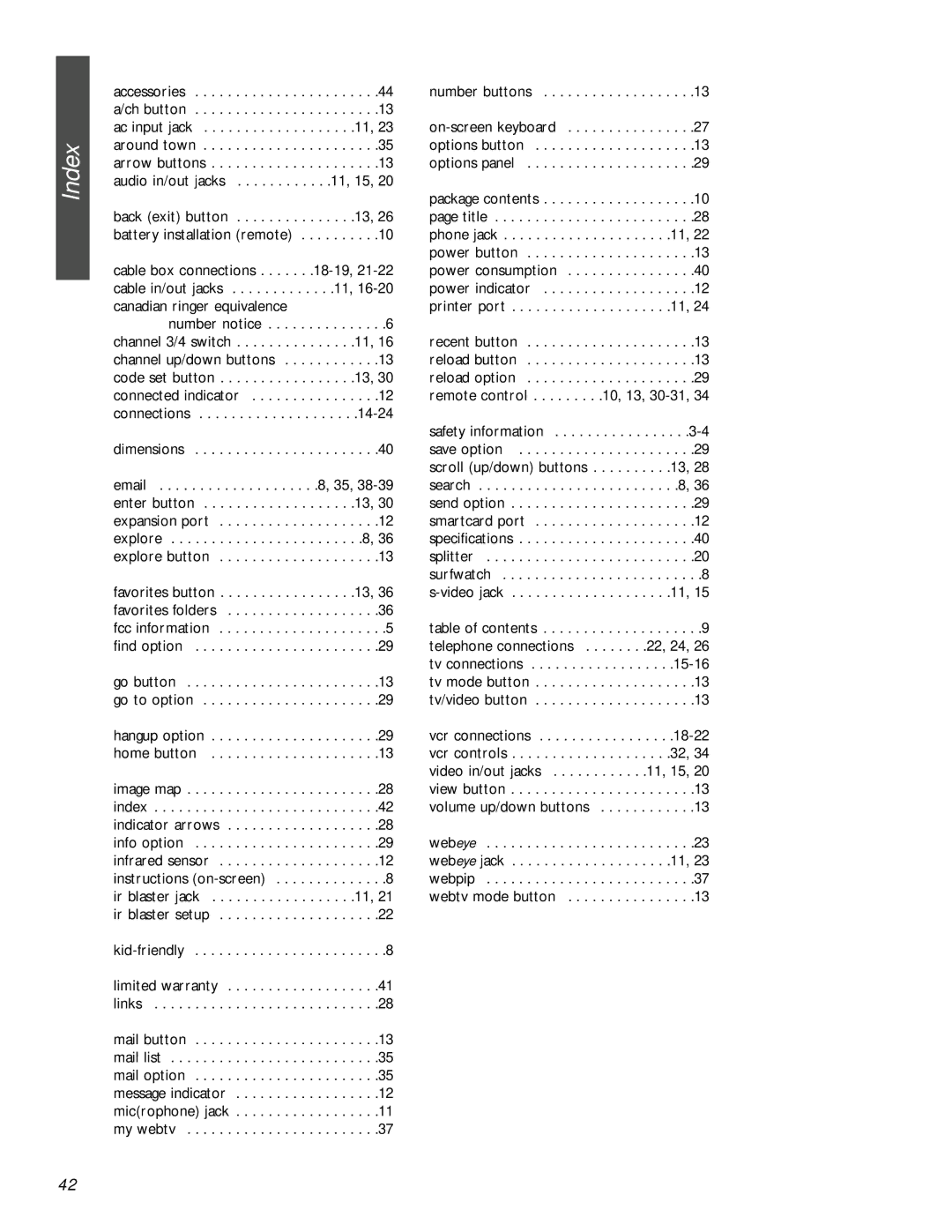 Philips MAT972KB QUG owner manual Index, Number buttons 