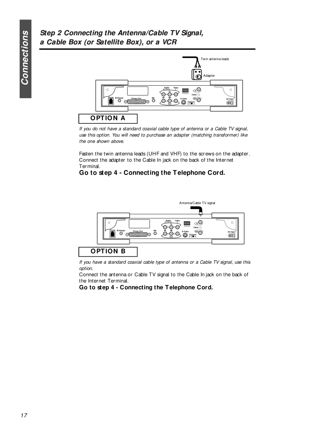 Philips MAT972KB QUG owner manual Go to - Connecting the Telephone Cord, Connections, Option A, Option B 