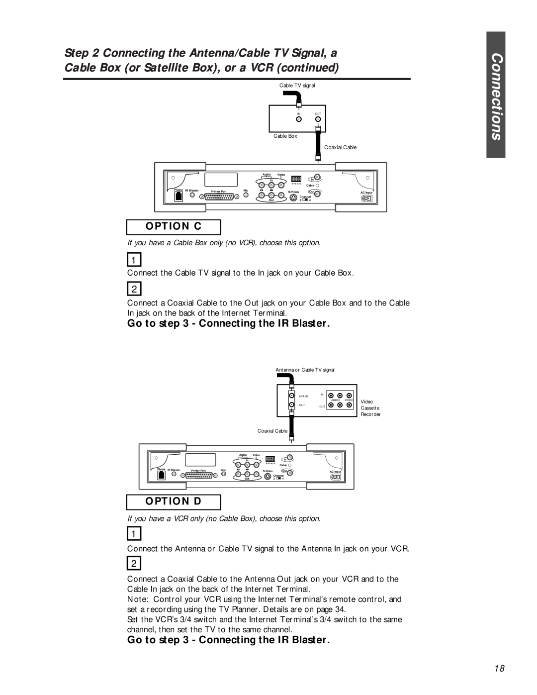 Philips MAT972KB QUG owner manual Go to - Connecting the IR Blaster, Option D, Connections, Option C 