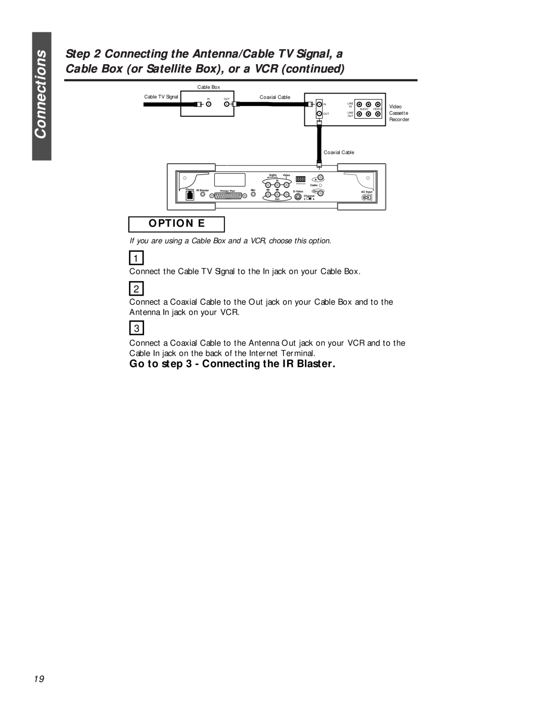 Philips MAT972KB QUG owner manual Option E, Connections, Go to - Connecting the IR Blaster, Recorder 