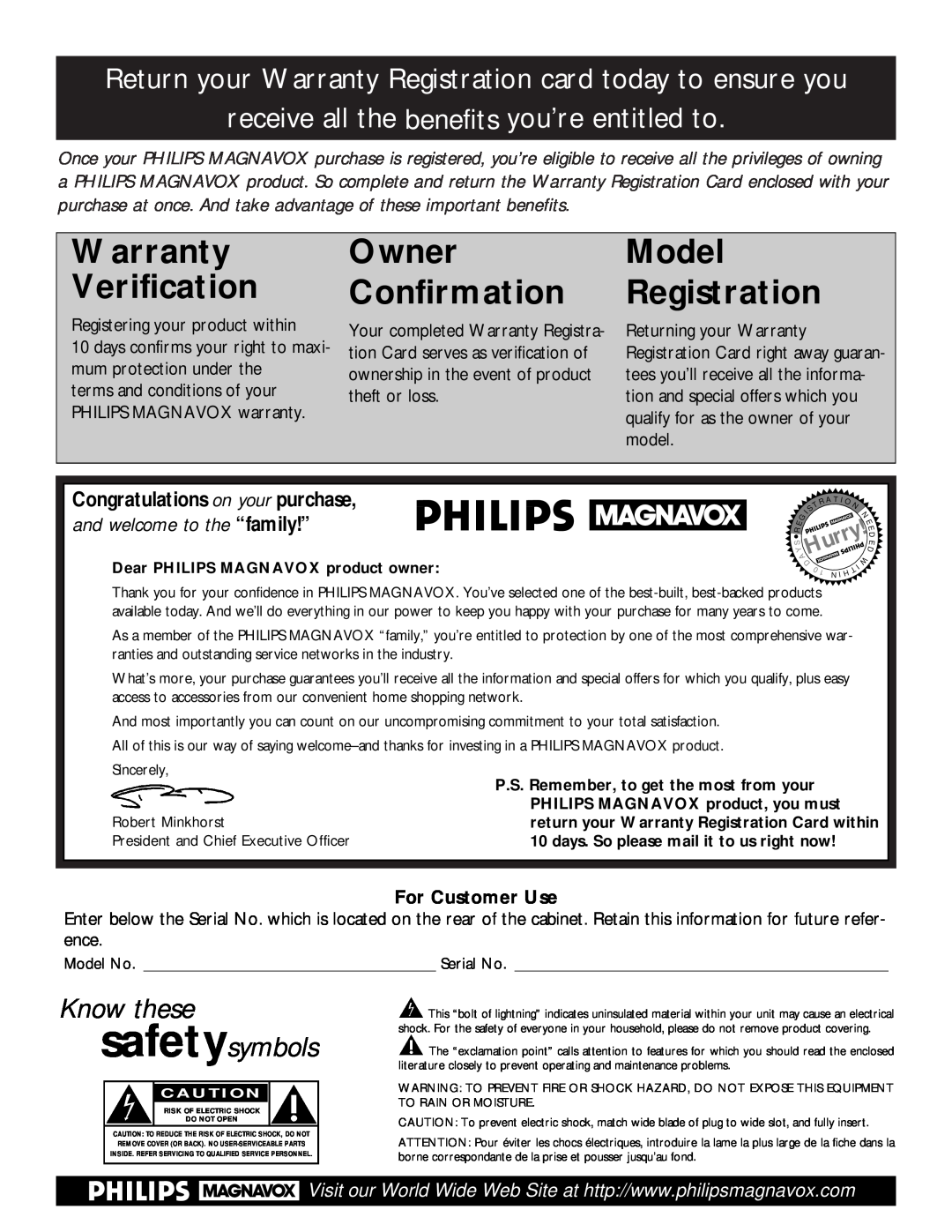 Philips MAT972KB QUG owner manual For Customer Use, Warranty Verification, Owner Confirmation, Model Registration, AHurry 