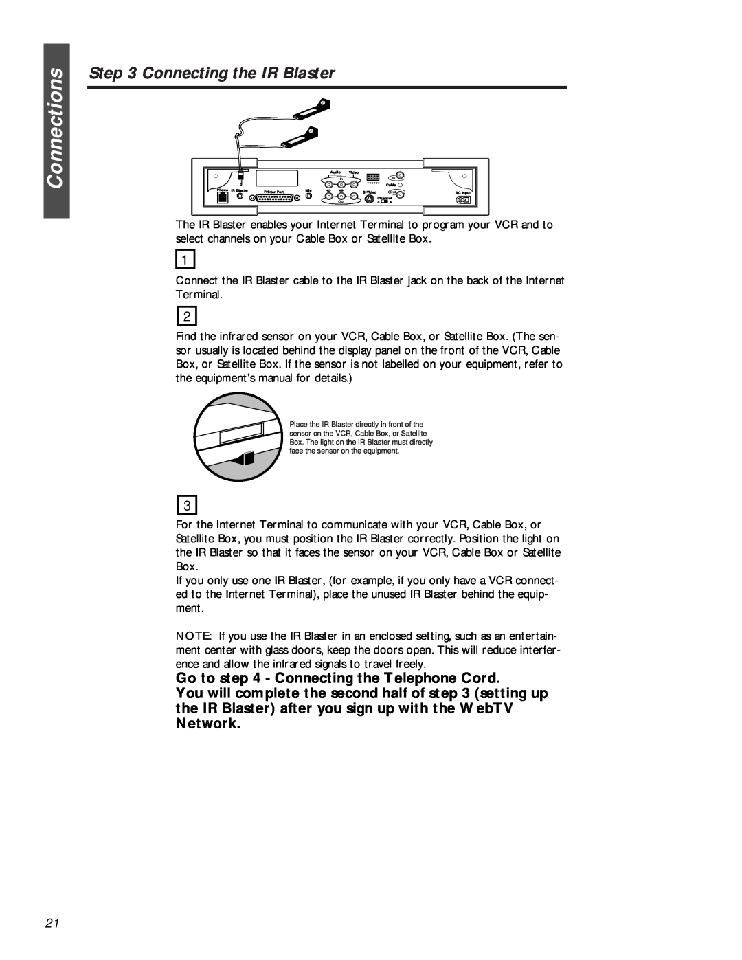 Philips MAT972KB QUG owner manual Connecting the IR Blaster, Connections, Go to - Connecting the Telephone Cord 