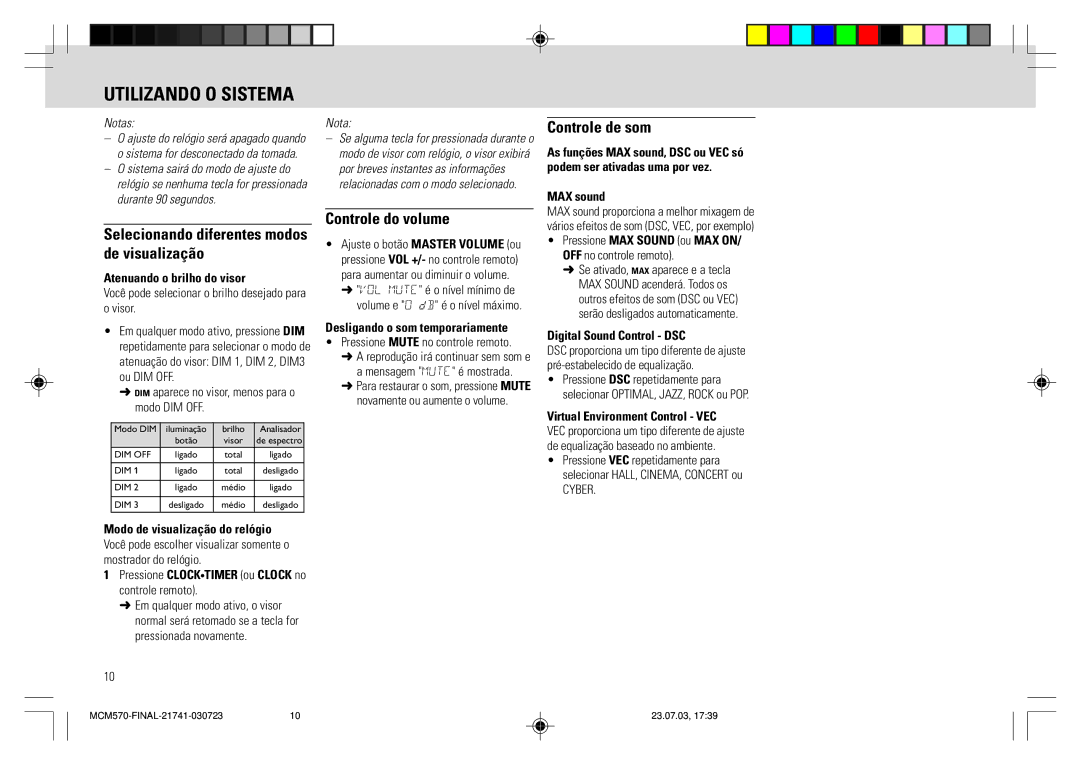 Philips MC - M570 manual Selecionando diferentes modos de visualização, Controle do volume, Controle de som 