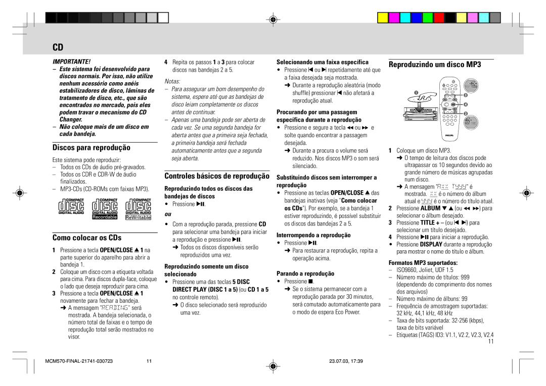 Philips MC - M570 manual Discos para reprodução, Como colocar os CDs, Reproduzindo um disco MP3 