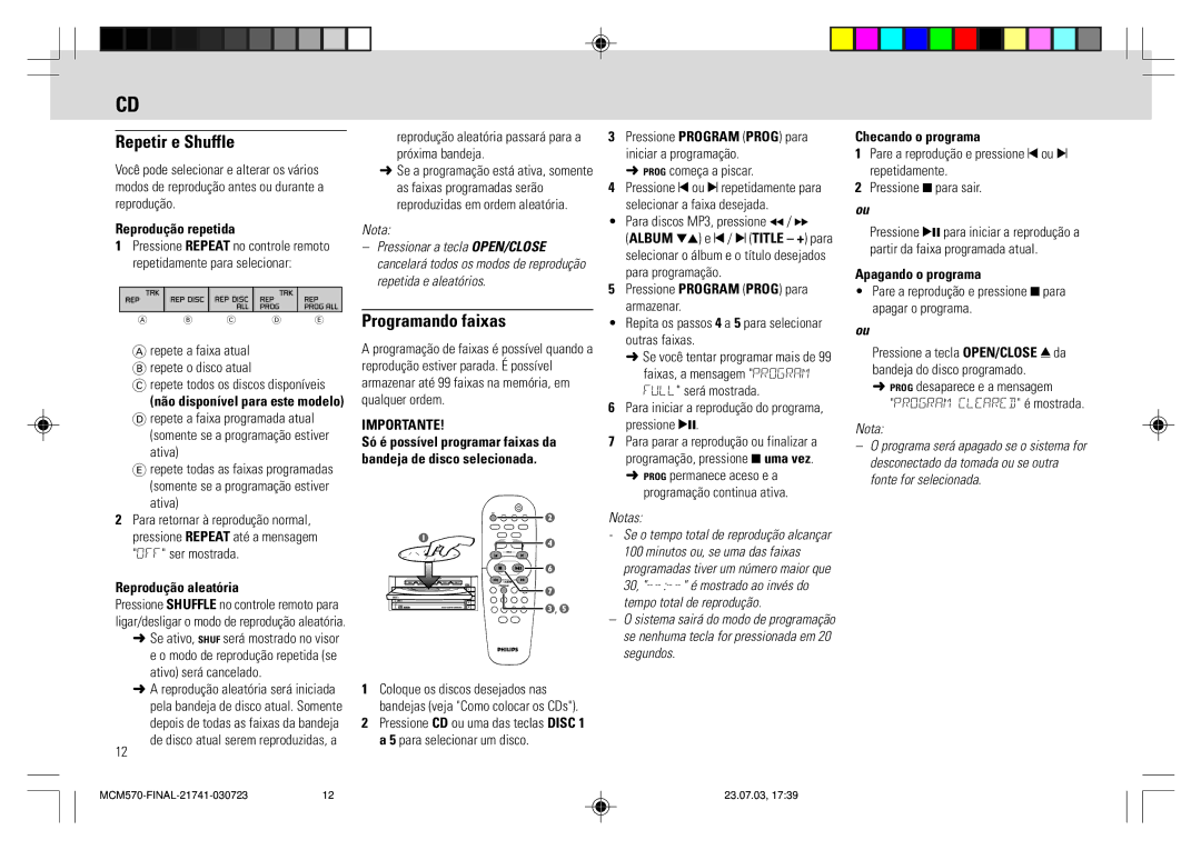 Philips MC - M570 manual Repetir e Shuffle, Programando faixas, Importante 