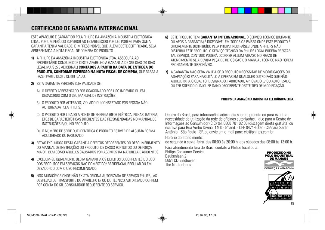 Philips MC - M570 manual Certificado DE Garantia Internacional, Esta Garantia PERDERç SUA Validade SE 