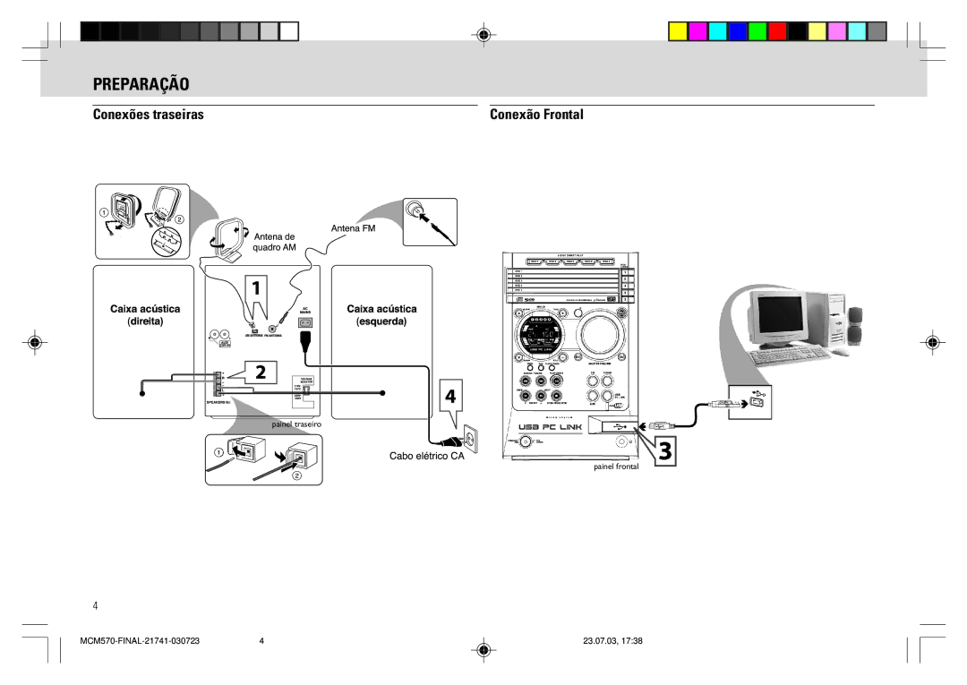 Philips MC - M570 manual Preparação, Conexões traseiras, Conexão Frontal 