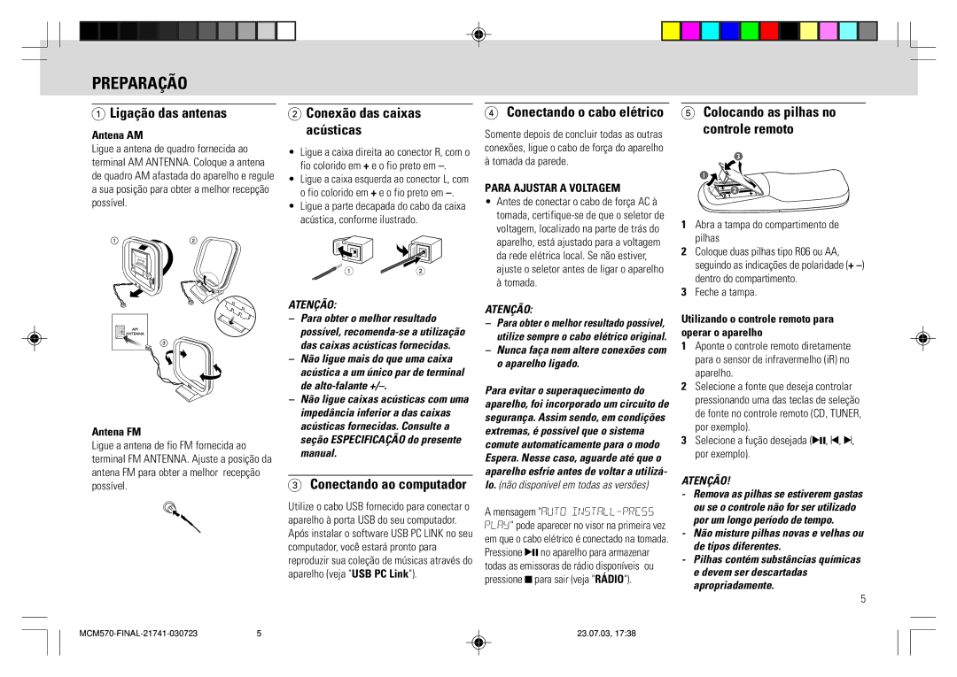 Philips MC - M570 manual Ligação das antenas, Conexão das caixas acústicas, Colocando as pilhas no controle remoto 