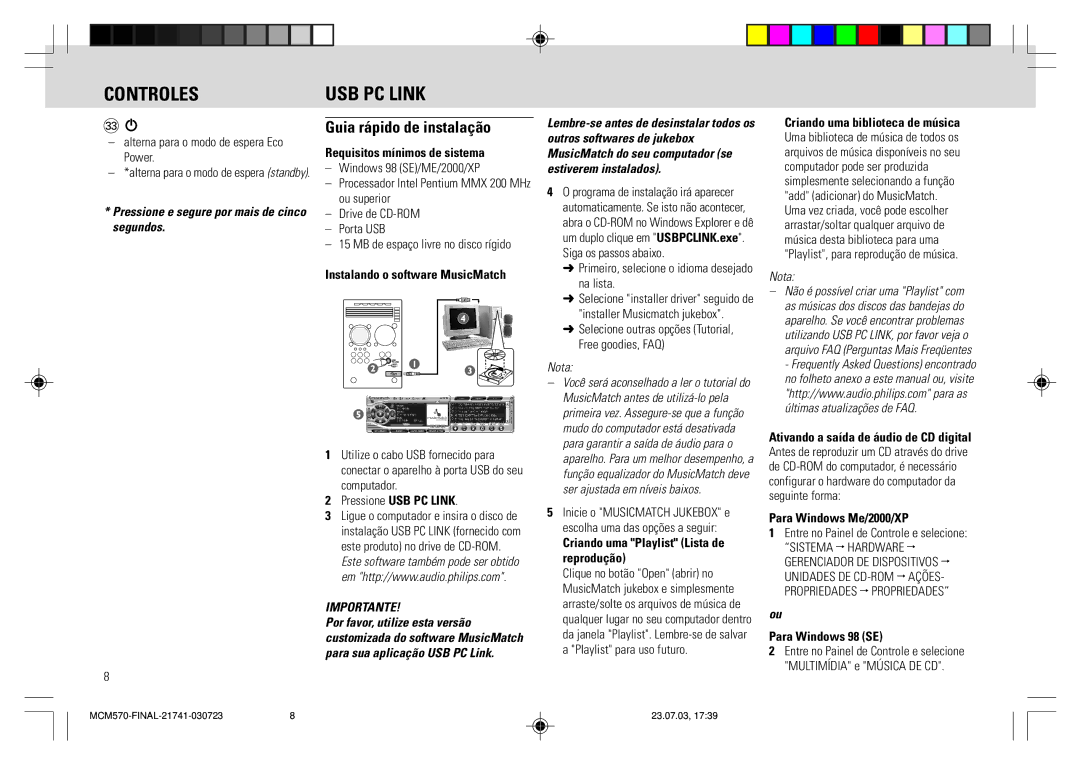 Philips MC - M570 manual Controles USB PC Link, Guia rápido de instalação 