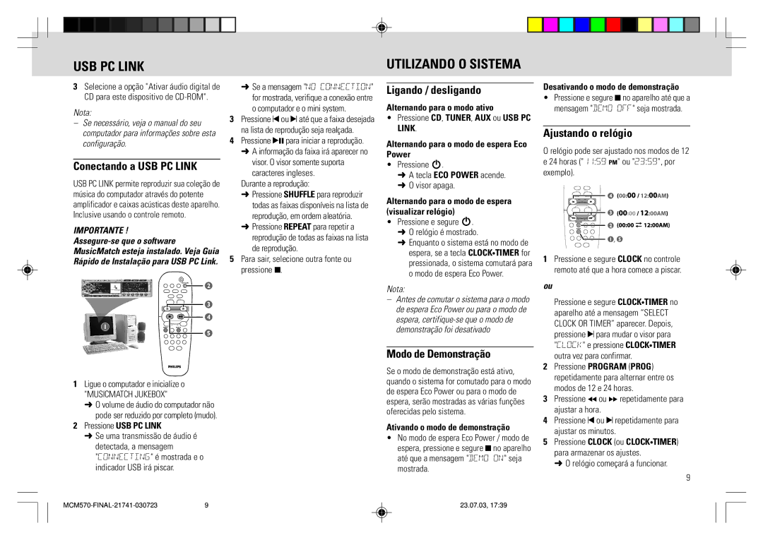 Philips MC - M570 manual Conectando a USB PC Link, Ligando / desligando, Modo de Demonstração, Ajustando o relógio 