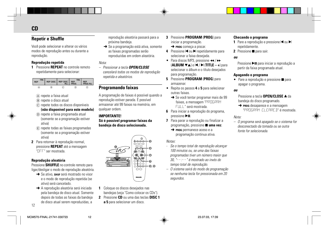 Philips MC - M570 manual Repetir e Shuffle, Programando faixas, Reprodução repetida, Reprodução aleatória, Importante, Nota 